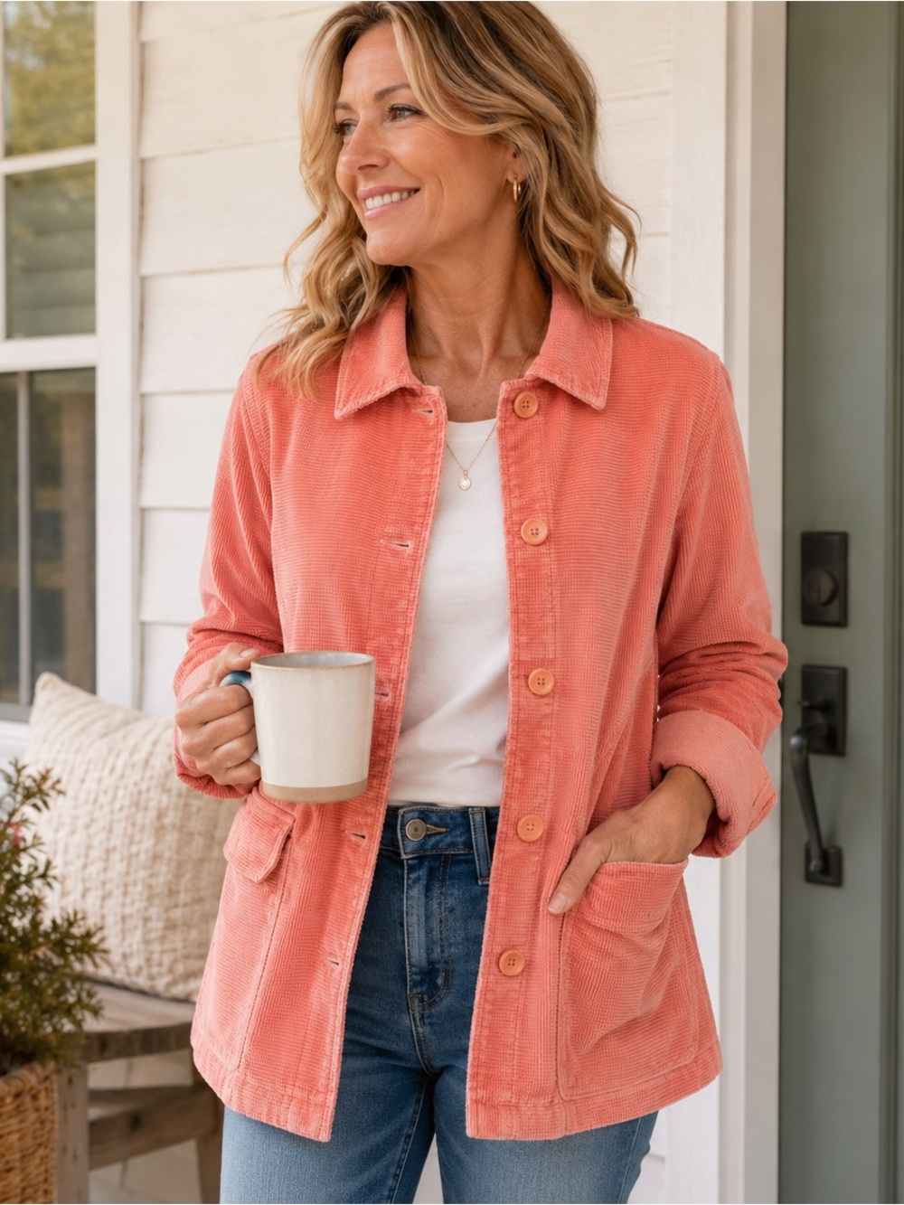 Denim & Co Pink Corduroy Shacket Jacket Womens M Cottage Coastal Casual